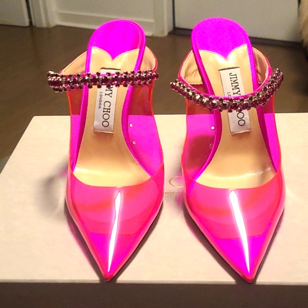 Jimmy Choo Bing 100 Hot Pink Plexi & Crystal Embellished Mules size 38